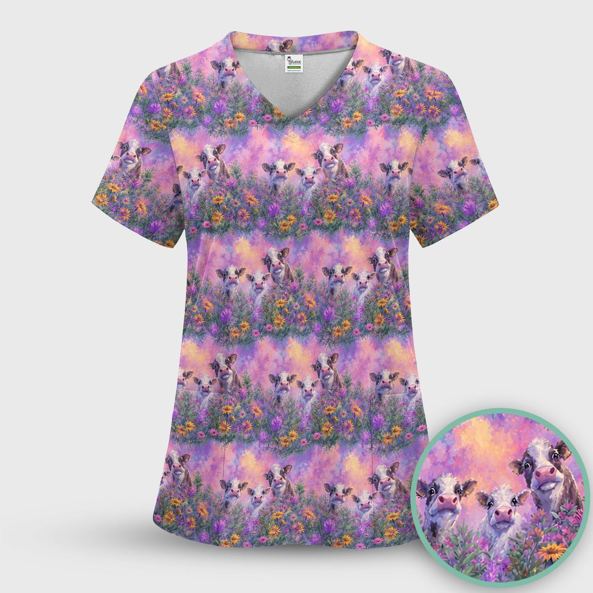 Pastel Cow Meadow Flower Nurse Scrub Top