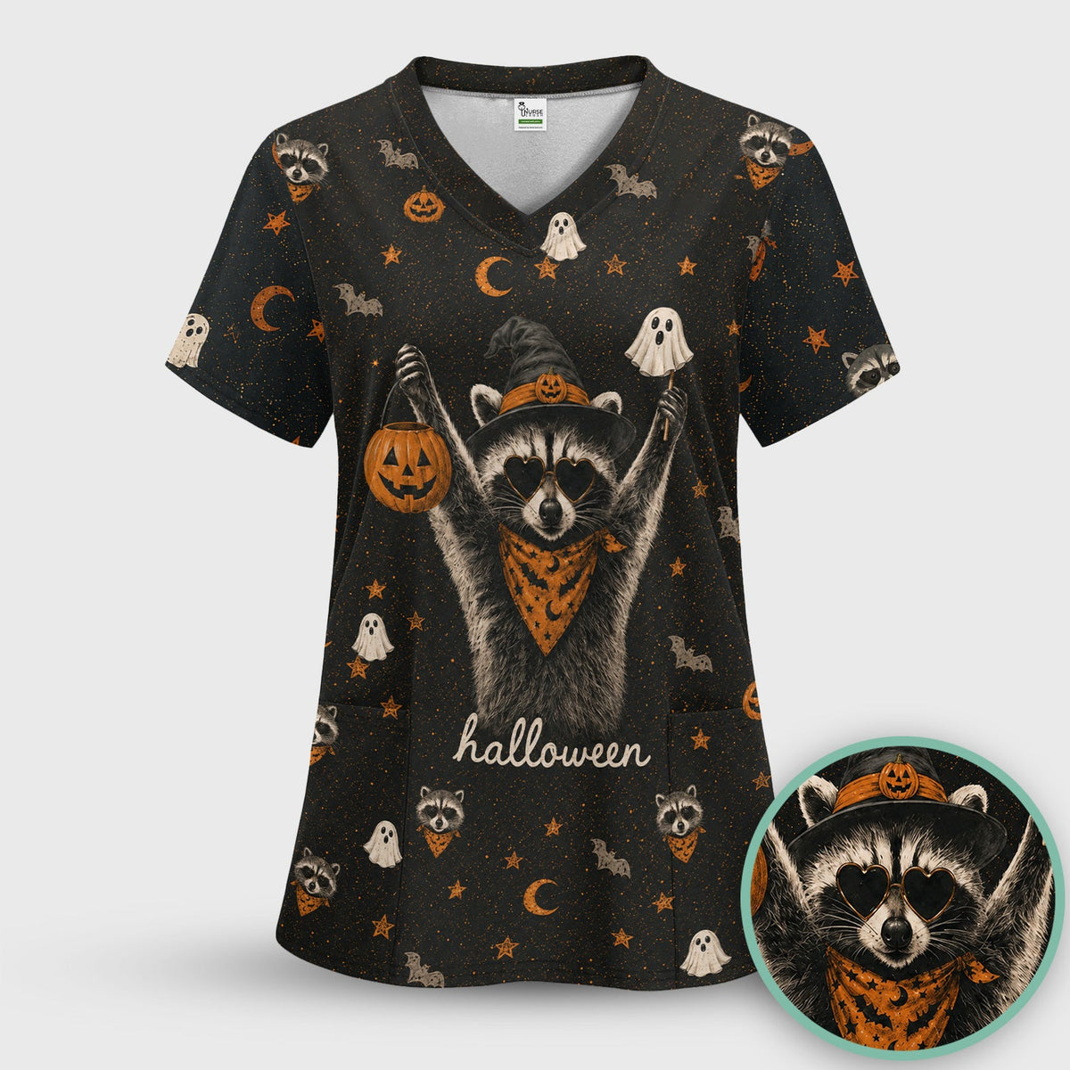 Ghost Pumpkin Raccoon Nurse Scrub Top - Halloween Gift