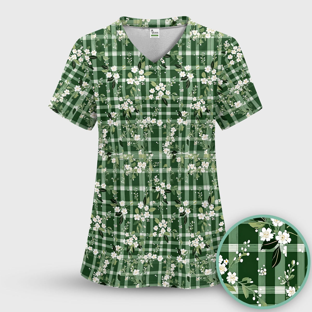 Green Gingham Floral Nurse Scrub Set