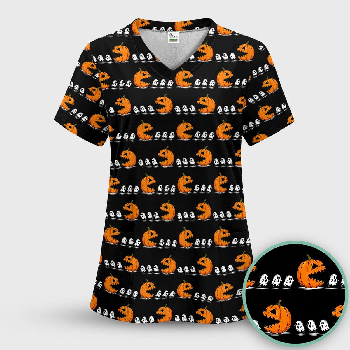 Spooky Pumpkin Ghost Nurse Scrub Top