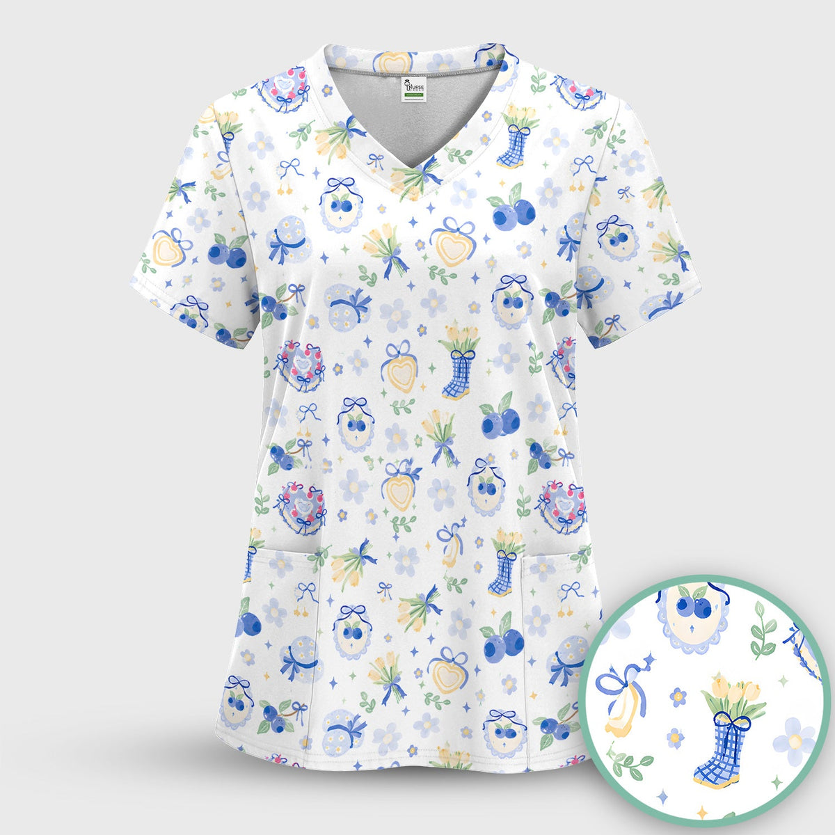 Cute Blueberry Bow Nurse Scrub Set