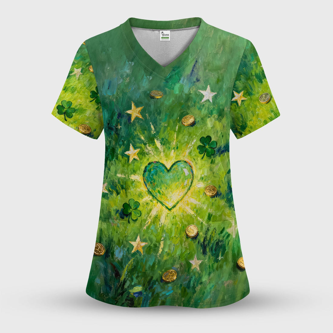 St Patrick Lucky Shamrock Heart Nurse Scrub Top
