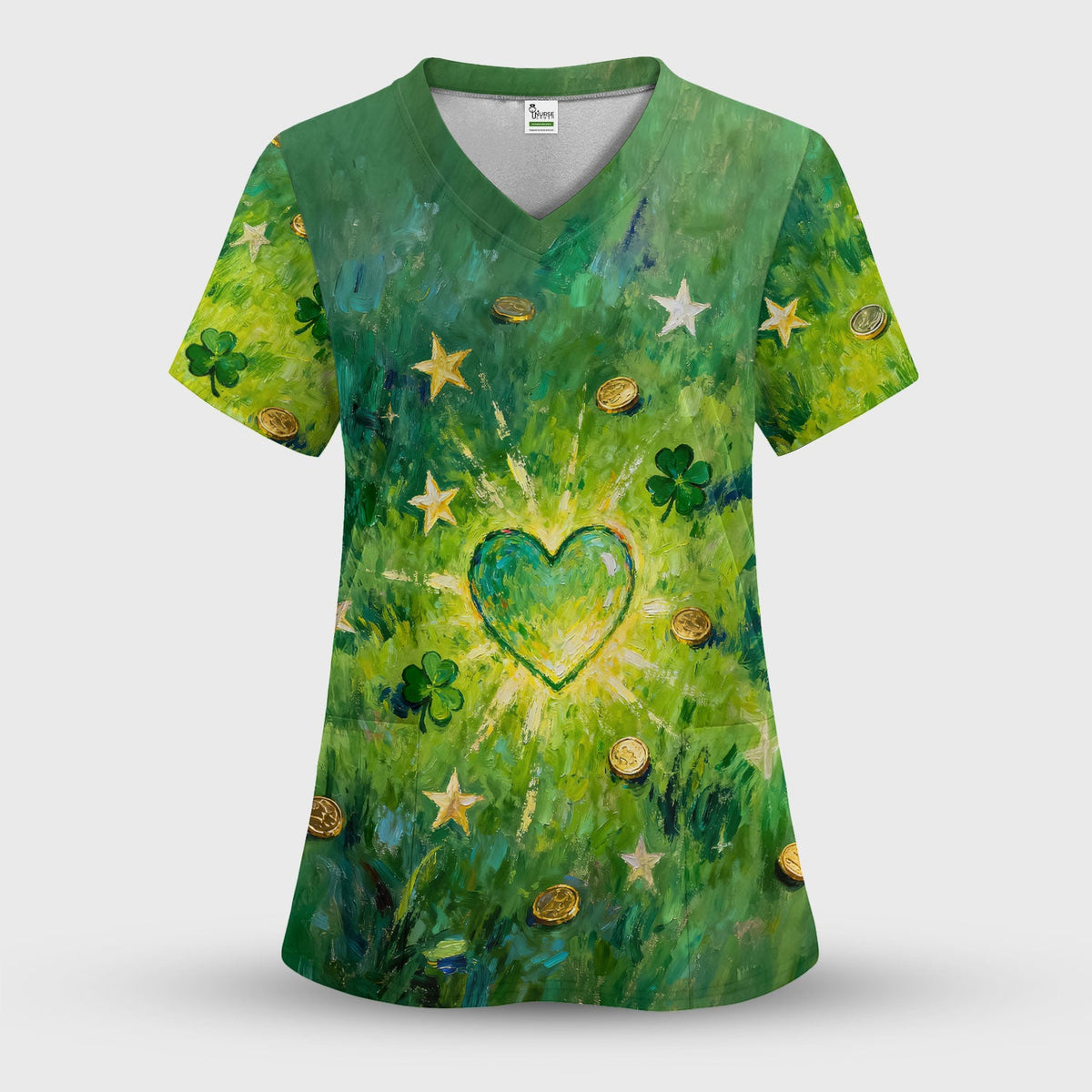 St Patrick Lucky Shamrock Heart Nurse Scrub Top