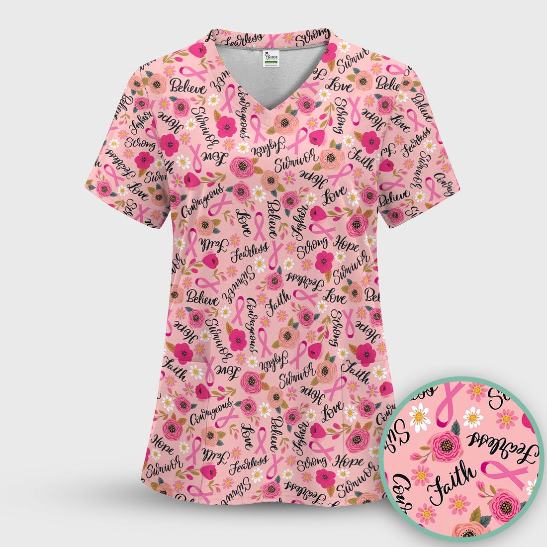 Breast Cancer Oncology Floral Nurse Scrub Top