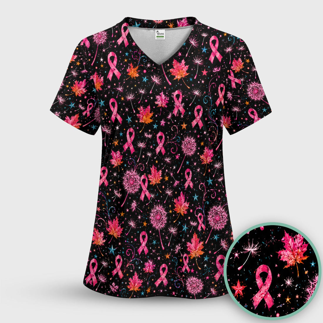 Breast Cancer Pink Ribbon Fall Nurse Scrub Top