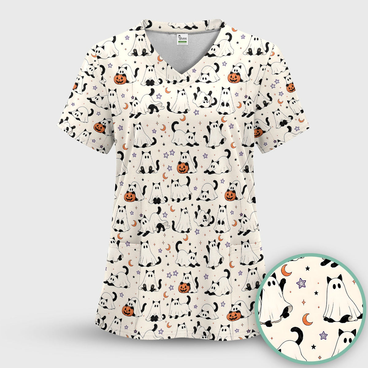 Ghost Cats Pumpkins Nurse Scrub Top - Halloween Gift