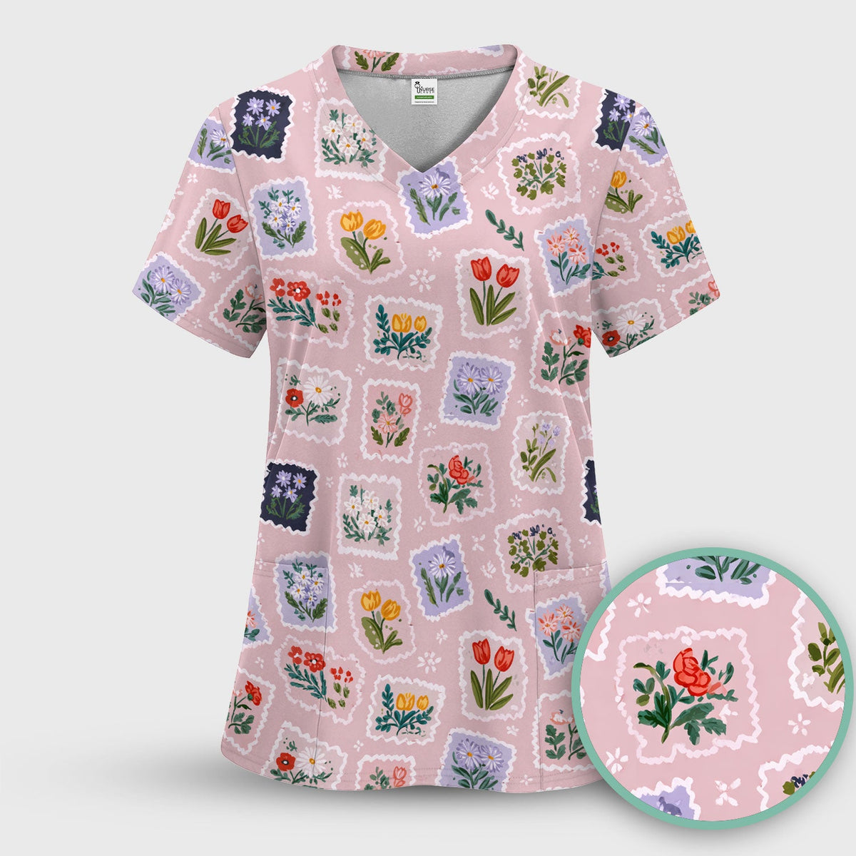 Vintage Flower Stamp Pattern Scrub Top, Breathable Fabrics Nursing Uniform