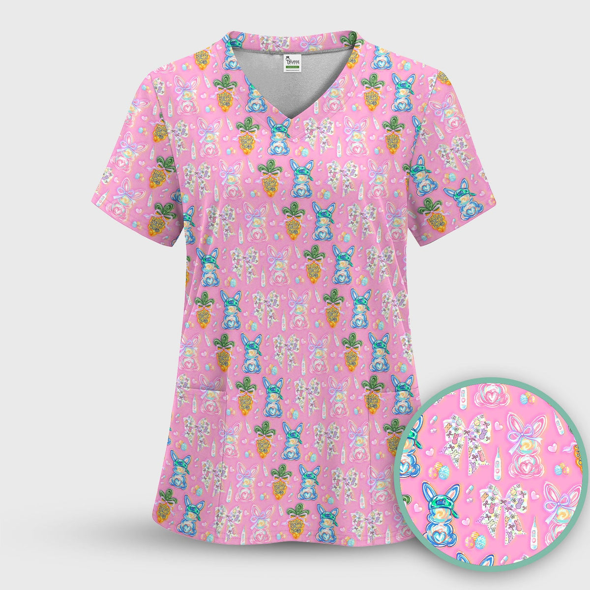 Bunny Carrot Bow Nurse Scrub Top - Easter Gift