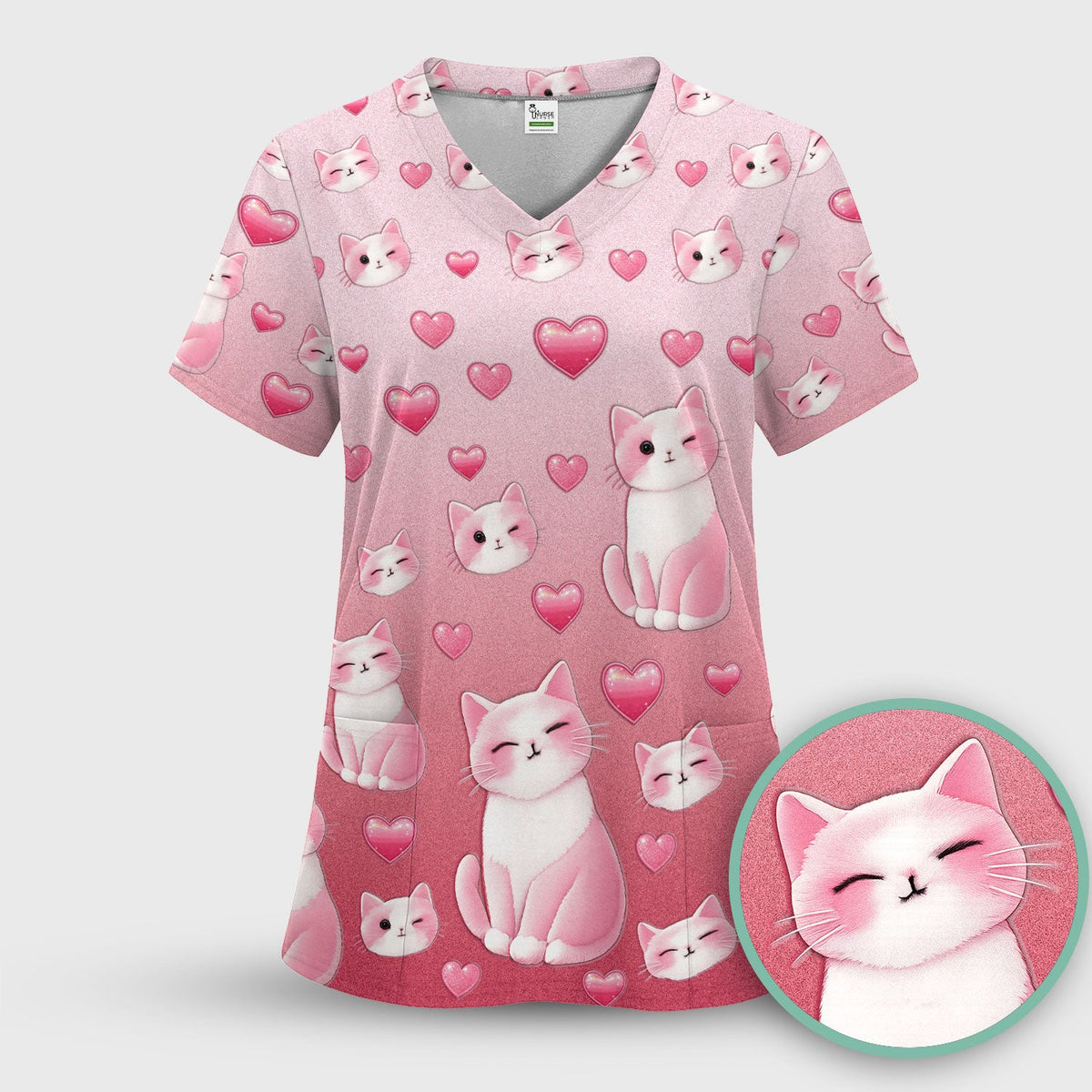 Valentine Cat Heart Nurse Scrub Top