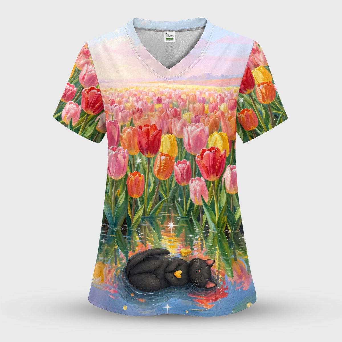 Sleeping Black Cat Tulip Field Nurse Scrub Top