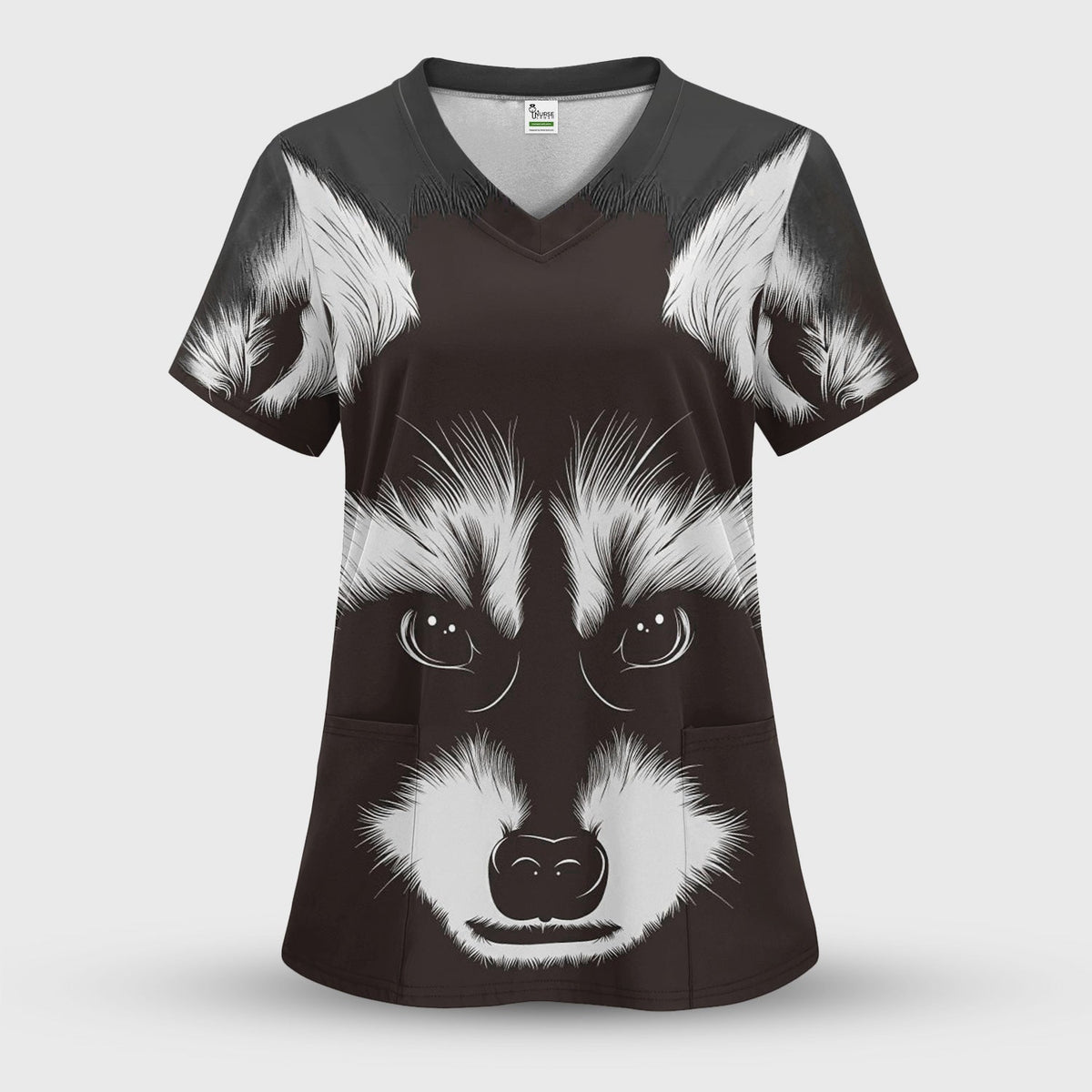 Black White Raccoon Face Nurse Scrub Top