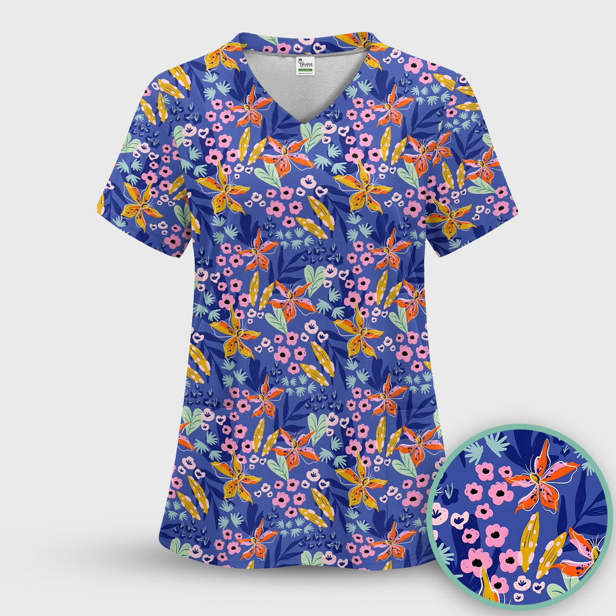Blue Lily Floral Garden Nurse Scrub Top