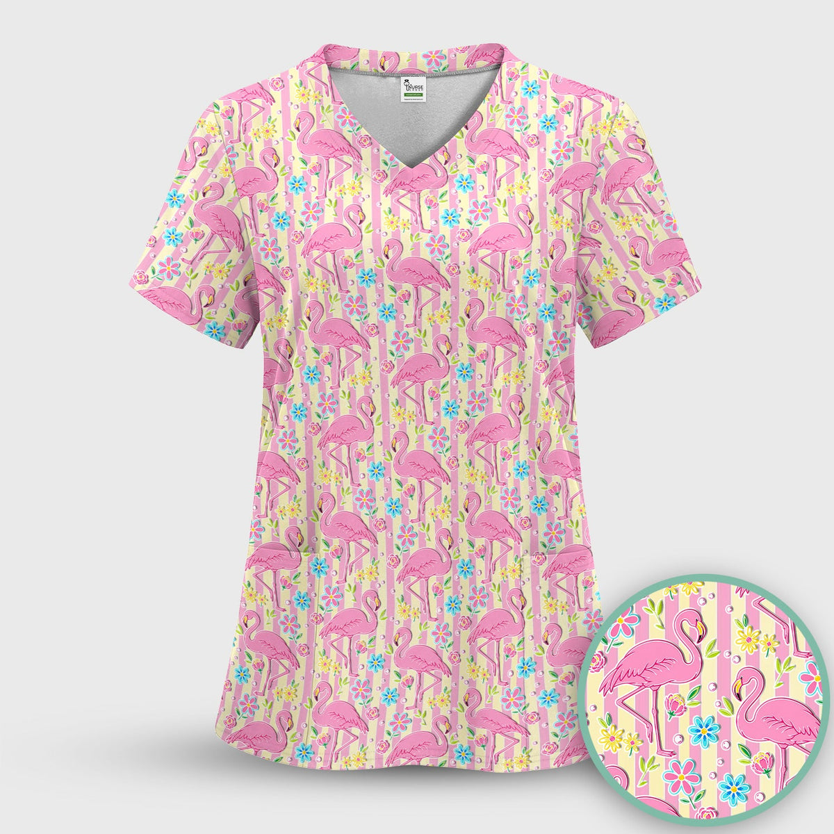 Pink Flamingo Flower Stripe Nurse Scrub Top