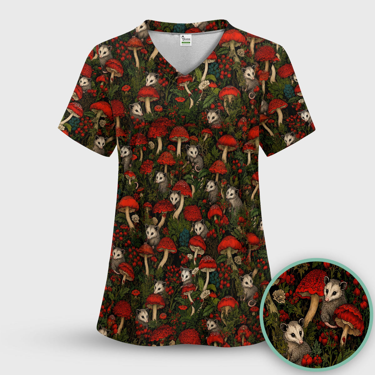 Woodland Opossum Red Mushroom Nurse Scrub Top