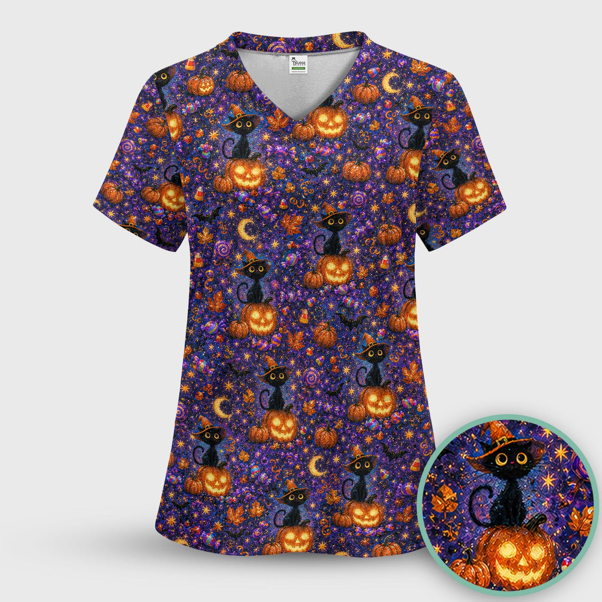 Mystical Witch Cat Nurse Scrub Top - Halloween Gift