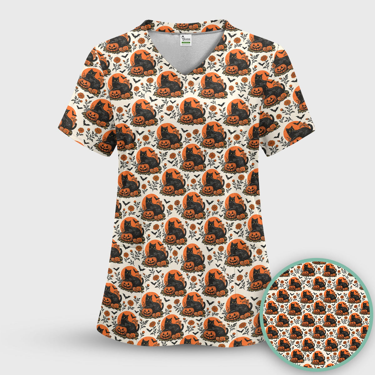Black Cat Energy Nurse Scrub Top - Halloween Gift