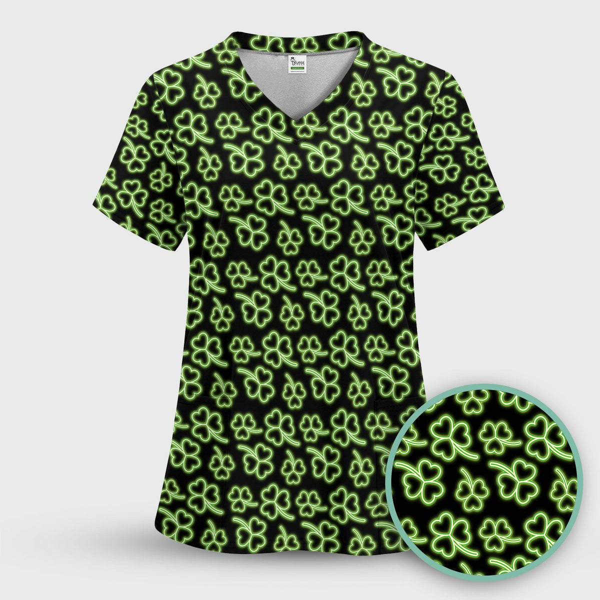 Neon Shamrock Nurse Scrub Top, St. Patrick’s Day Glow Green Pattern Pattern Shirt,  Breathable Fabrics Nursing Uniform