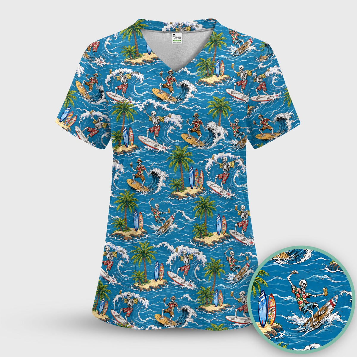 Spooky Tropical Skeleton Surfer Nurse Scrub Set