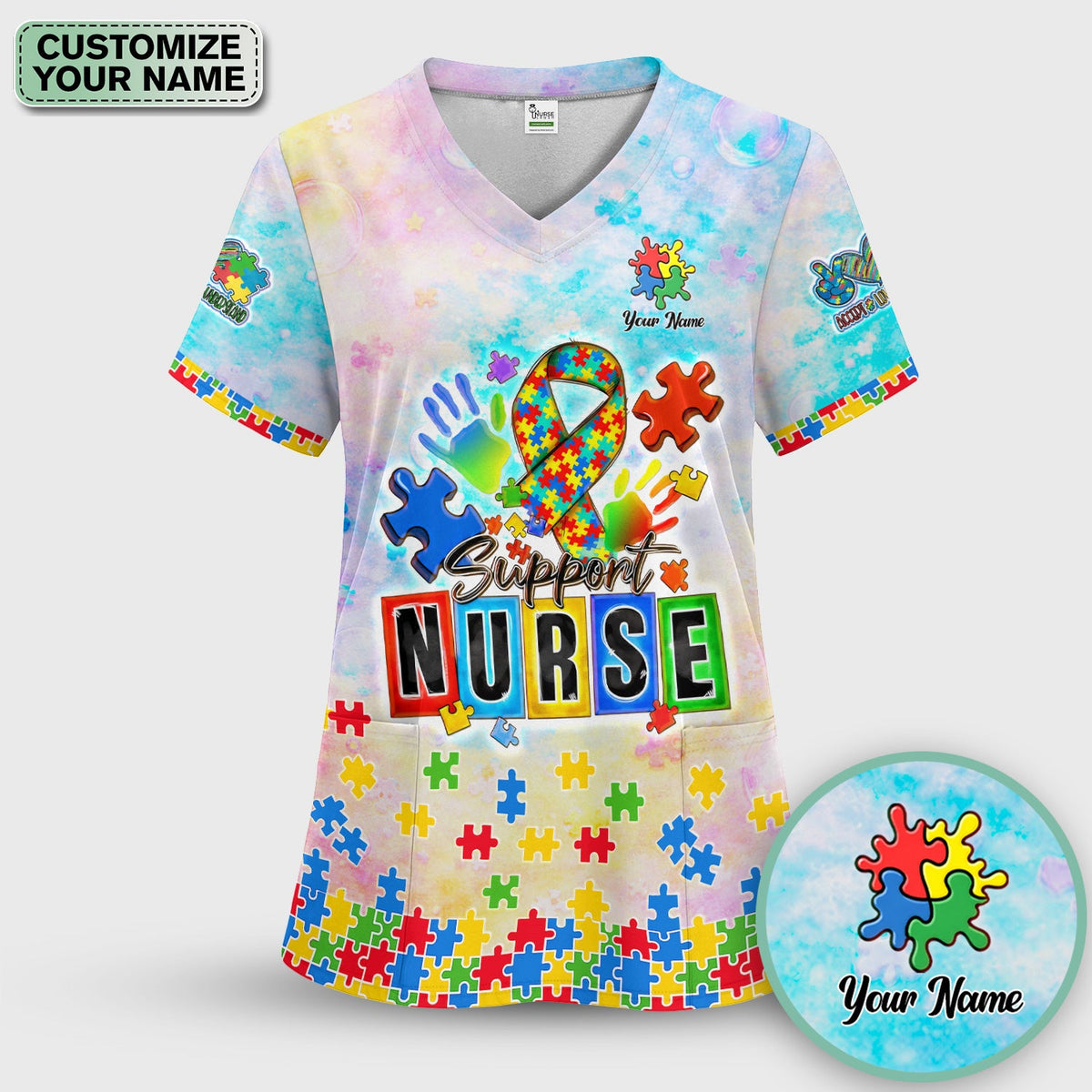 Personalized Autism Awareness Nurse Scrub Set