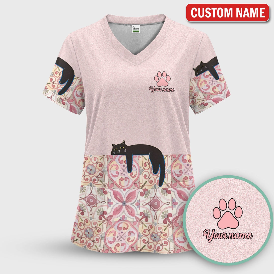 Personalized Pink Floral Black Cat Nurse Scrub Top