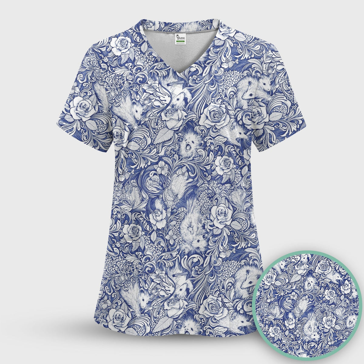 Blue Floral Opossum And Roses Nurse Scrub Set