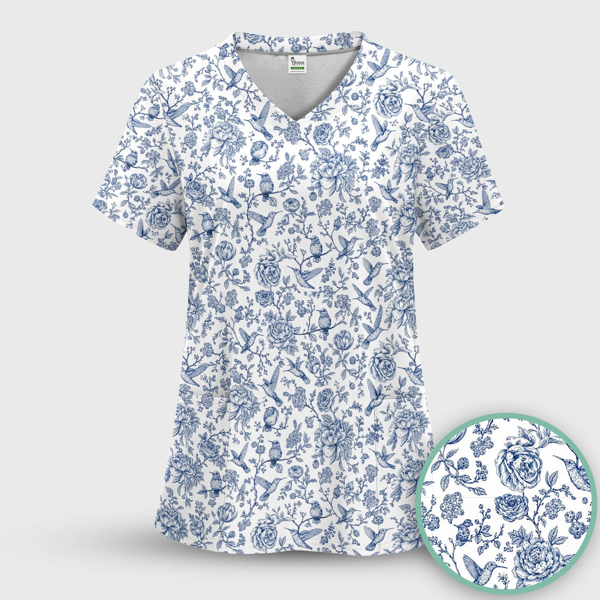 Blue Toile Hummingbird Floral Nurse Scrub Set