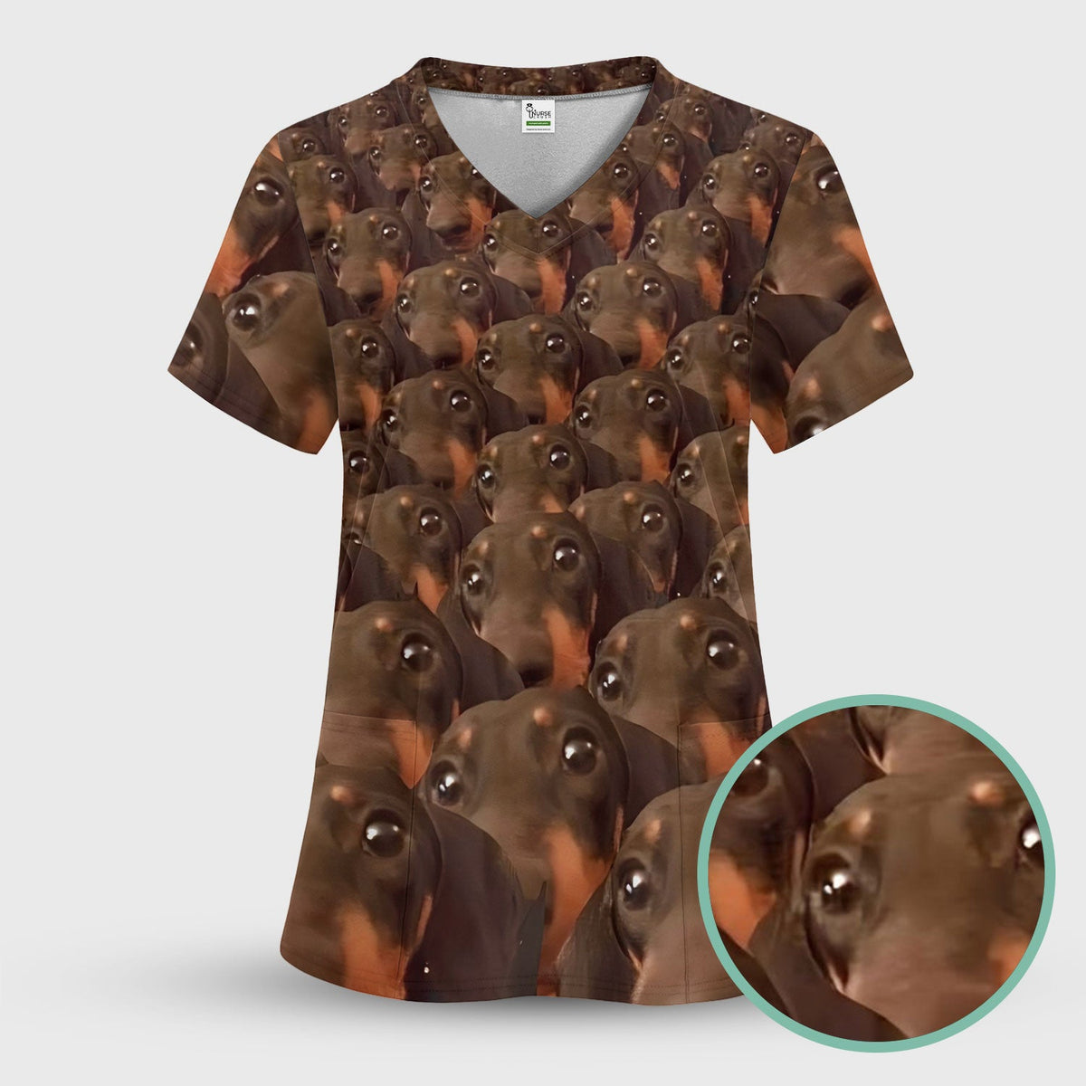 Funny Dachshund Scrub Shirt - Dog Face Print Scrub Top for Women Men - Cute Animal Scrubs Gift for Nurse, CNA, RN, Doctor