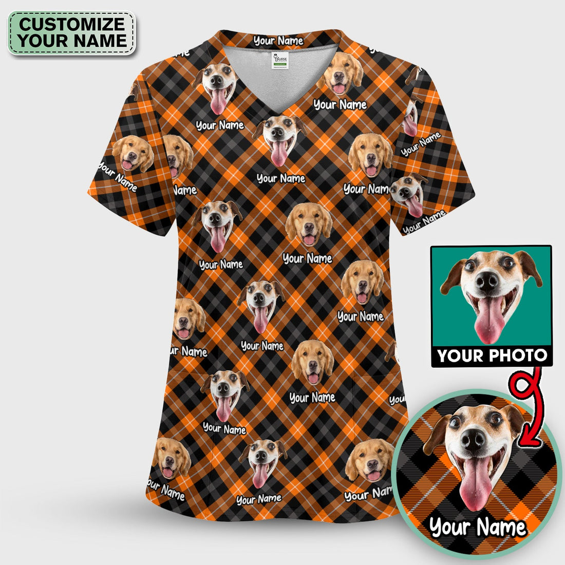 Personalized Halloween Dog Photo Plaid Scrub Top