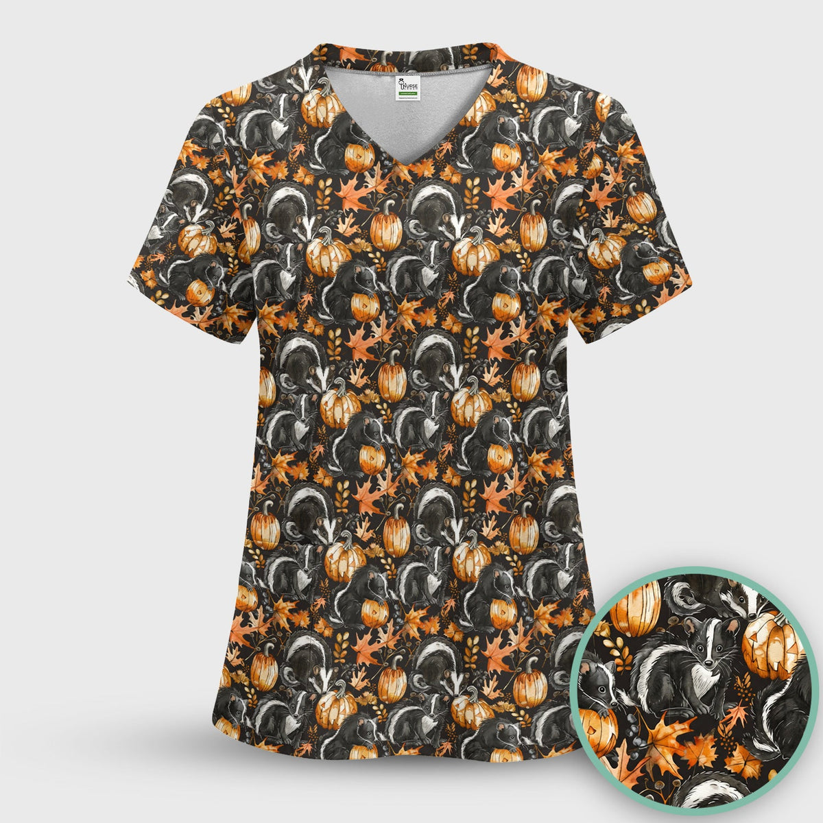 Skunk Pumpkin Autumn Leaves Nurse Scrub Top