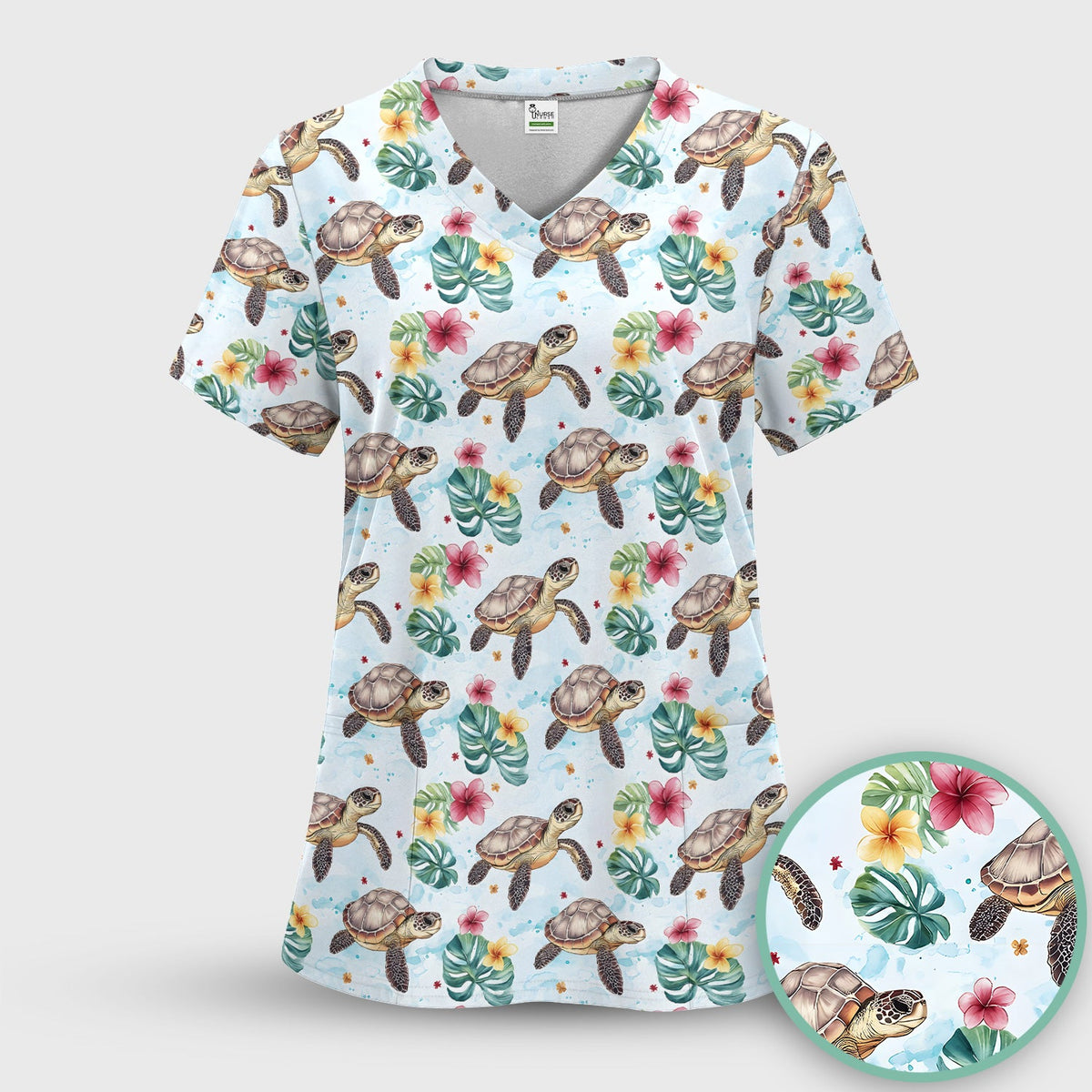 Sea Turtle Tropical Floral Nurse Scrub Top