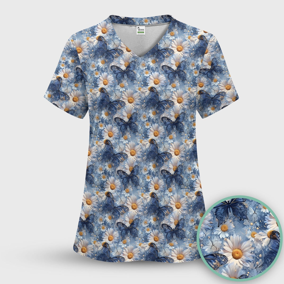 Blue Daisy Butterfly Nurse Scrub Top