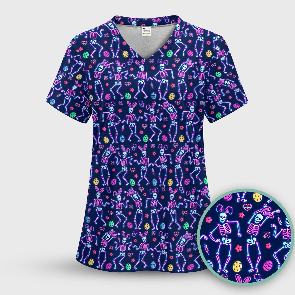 Neon Easter Skeleton Print Scrub Set, Scrub Pants and V Neck Top