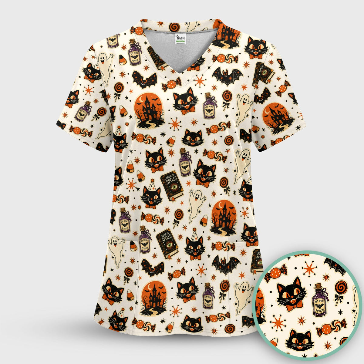 Black Cat Ghost Candy Nurse Scrub Top - Halloween Gift