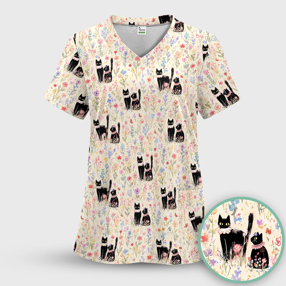 Cute Black Cats Wildflower Garden Nurse Scrub Set
