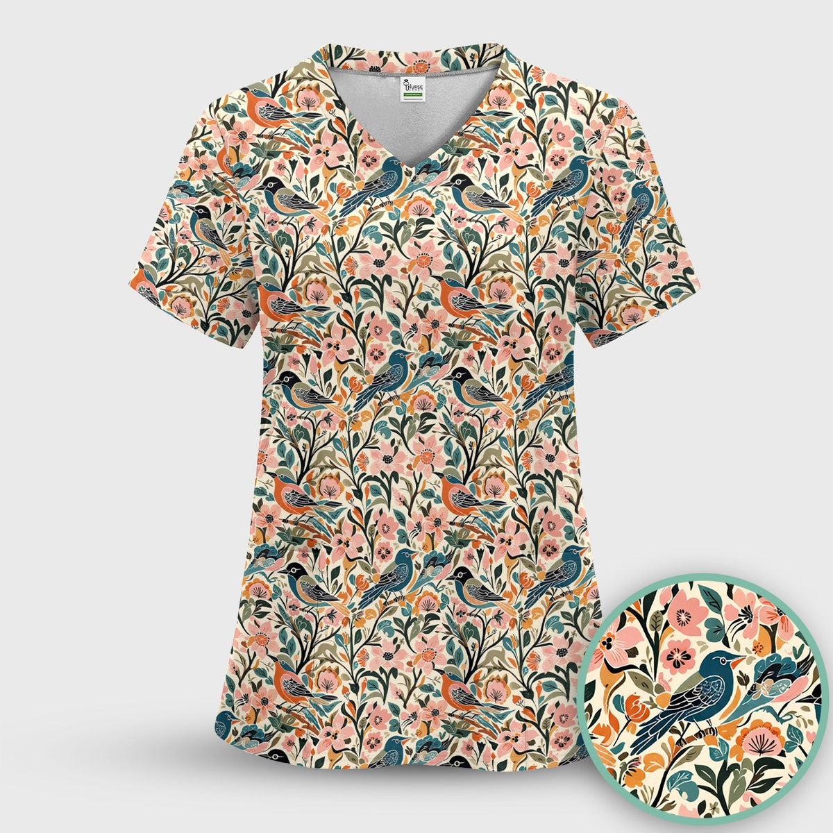Folk Art Songbird Floral Nurse Scrub Set