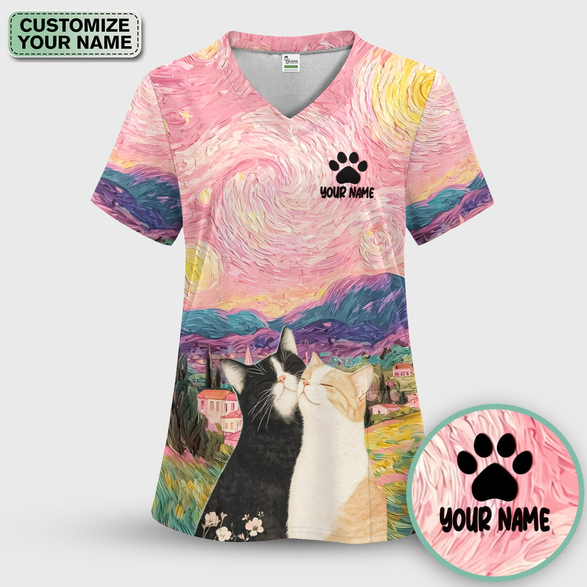 Personalized Cat Couple Sunset Sky Nurse Scrub Set