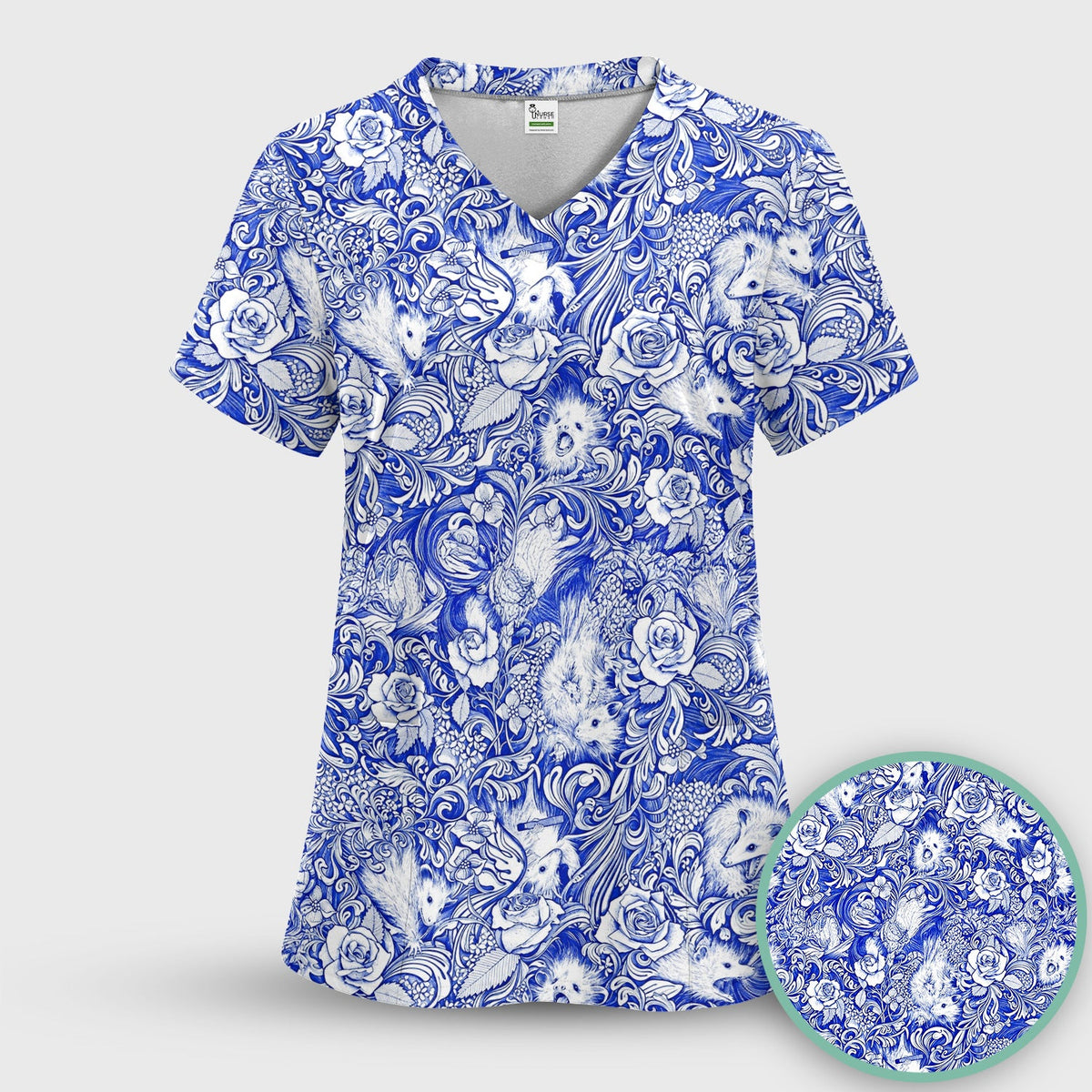 Blue Floral Opossum And Roses Nurse Scrub Set