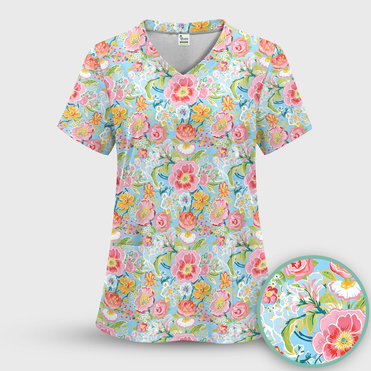 Pastel Tropical Floral Garden Nurse Scrub Top