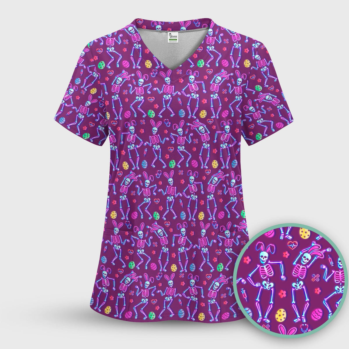 Neon Easter Skeleton Print Scrub Set, Scrub Pants and V Neck Top