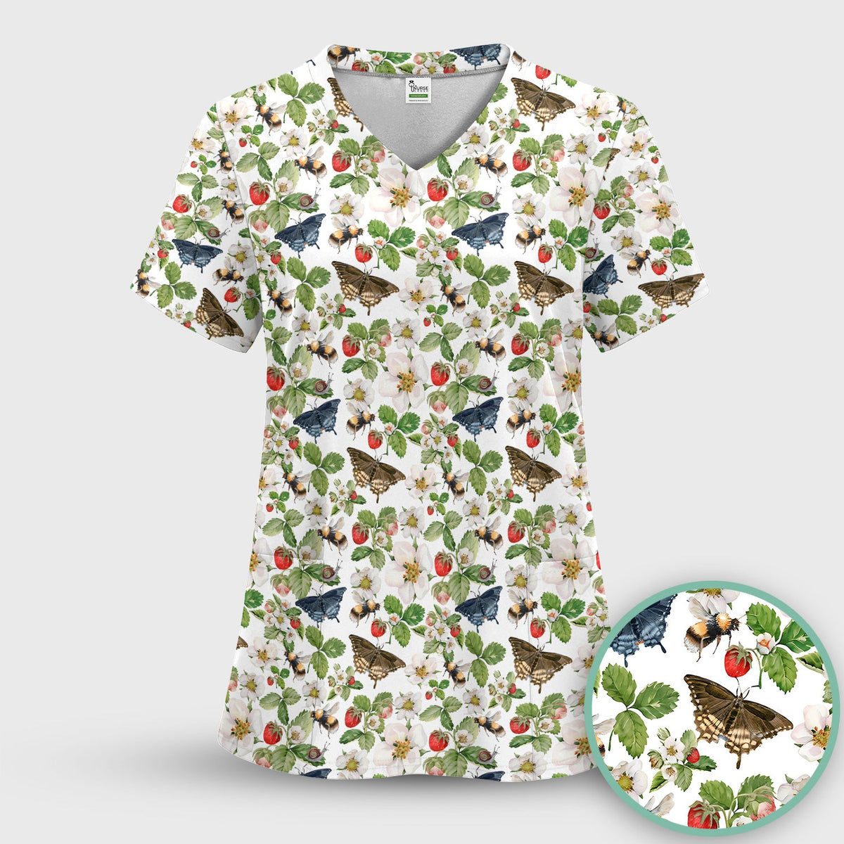 Strawberry Butterfly Garden Nurse Scrub Top