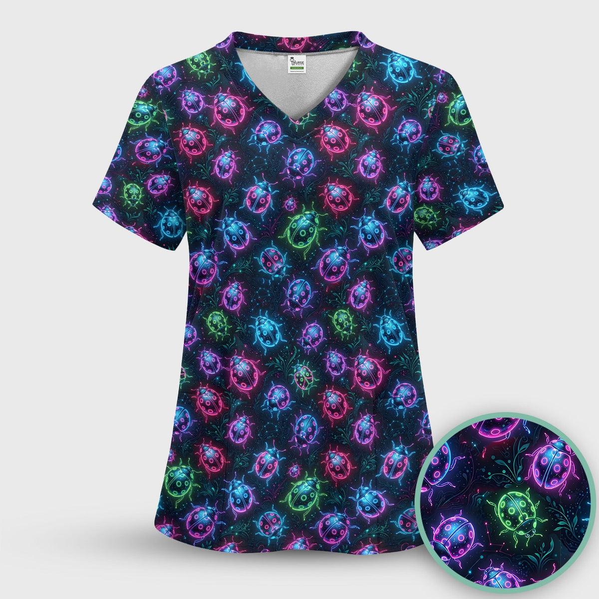 Colorful Neon Ladybug Nurse Scrub Top