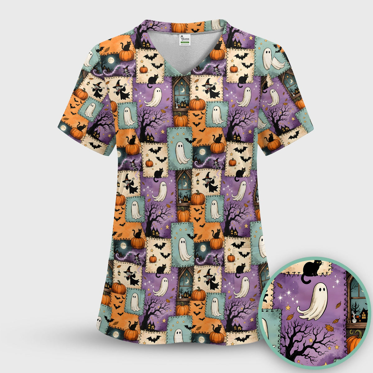 Spooky Ghost Black Cat Patchwork Nurse Scrub Set