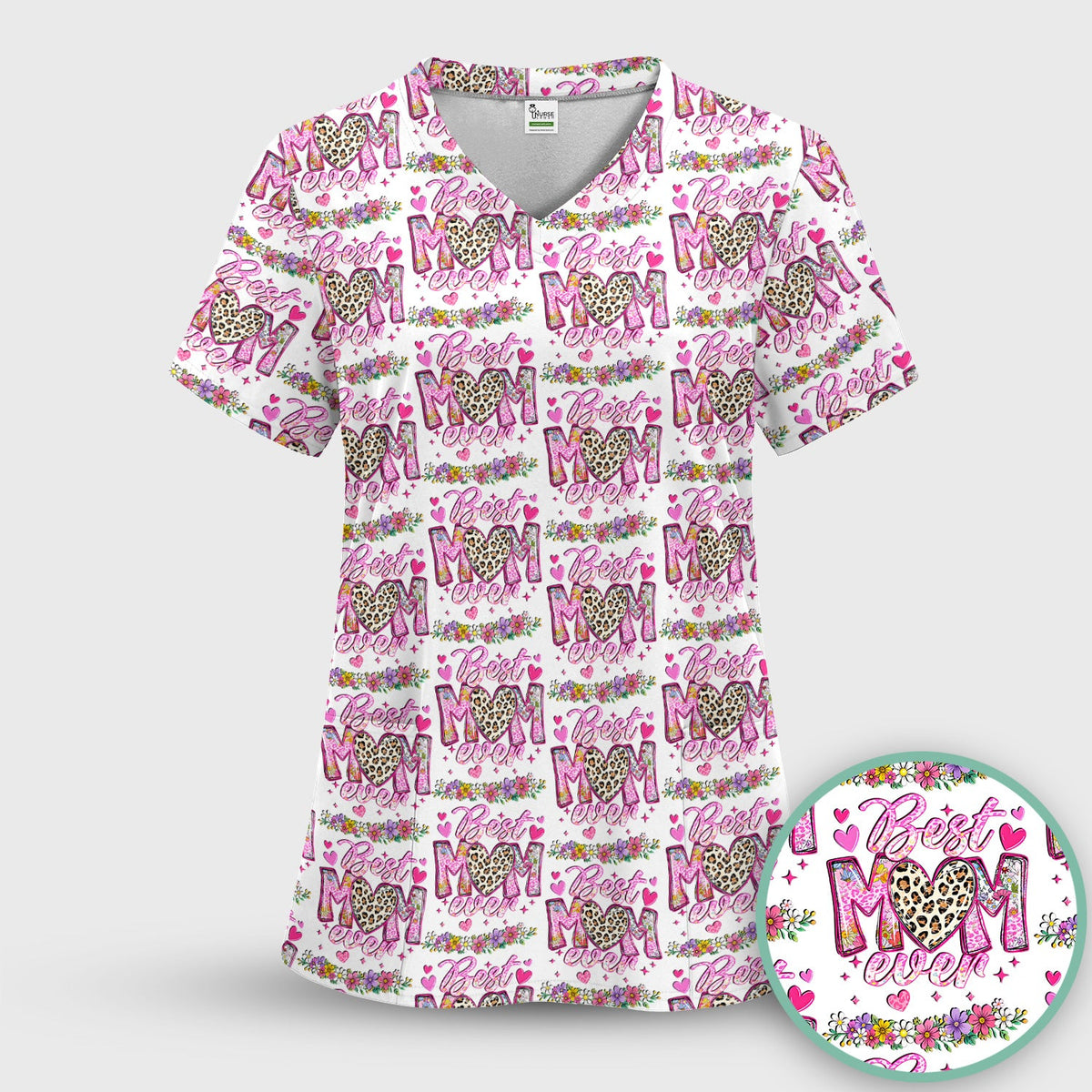 Best Mom Ever Leopard Heart Nurse Scrub Top