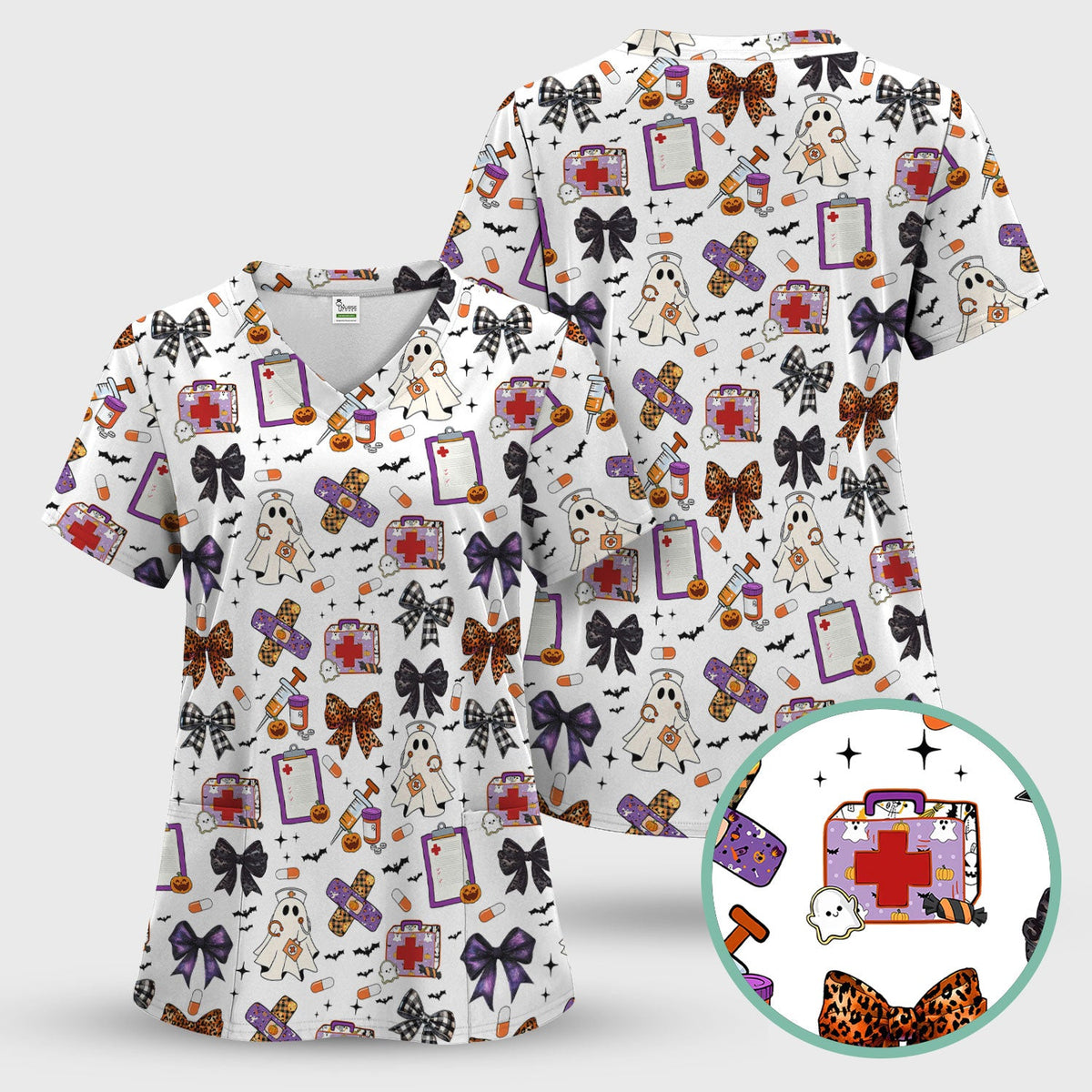 Spooky Ghost Pumpkin Bow Nurse Scrub Top