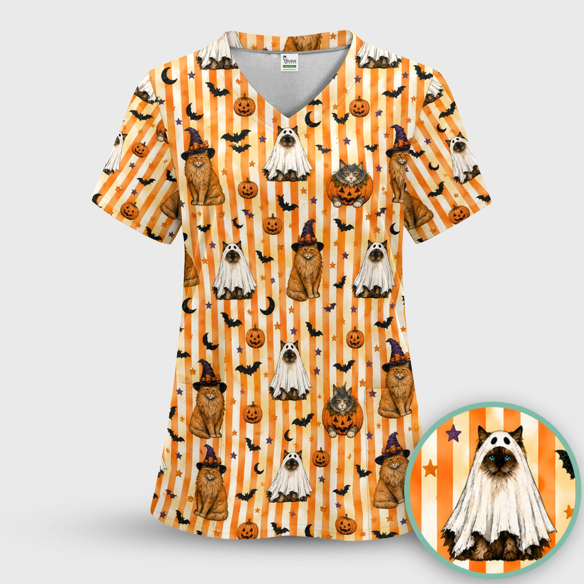 Cat Print Nurse Scrub Set - Halloween Gift