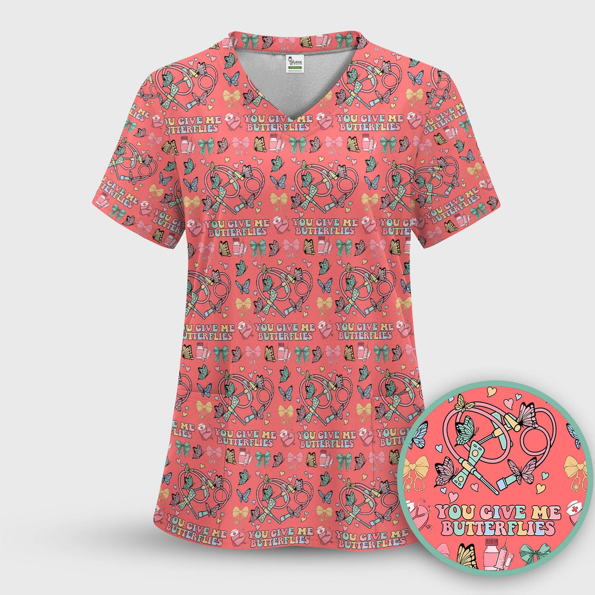 Butterfly Heart Nurse Scrub Top - Valentines Day Gift