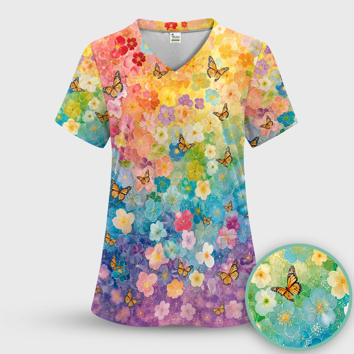 Rainbow Butterfly Floral Blossom Nurse Scrub Set