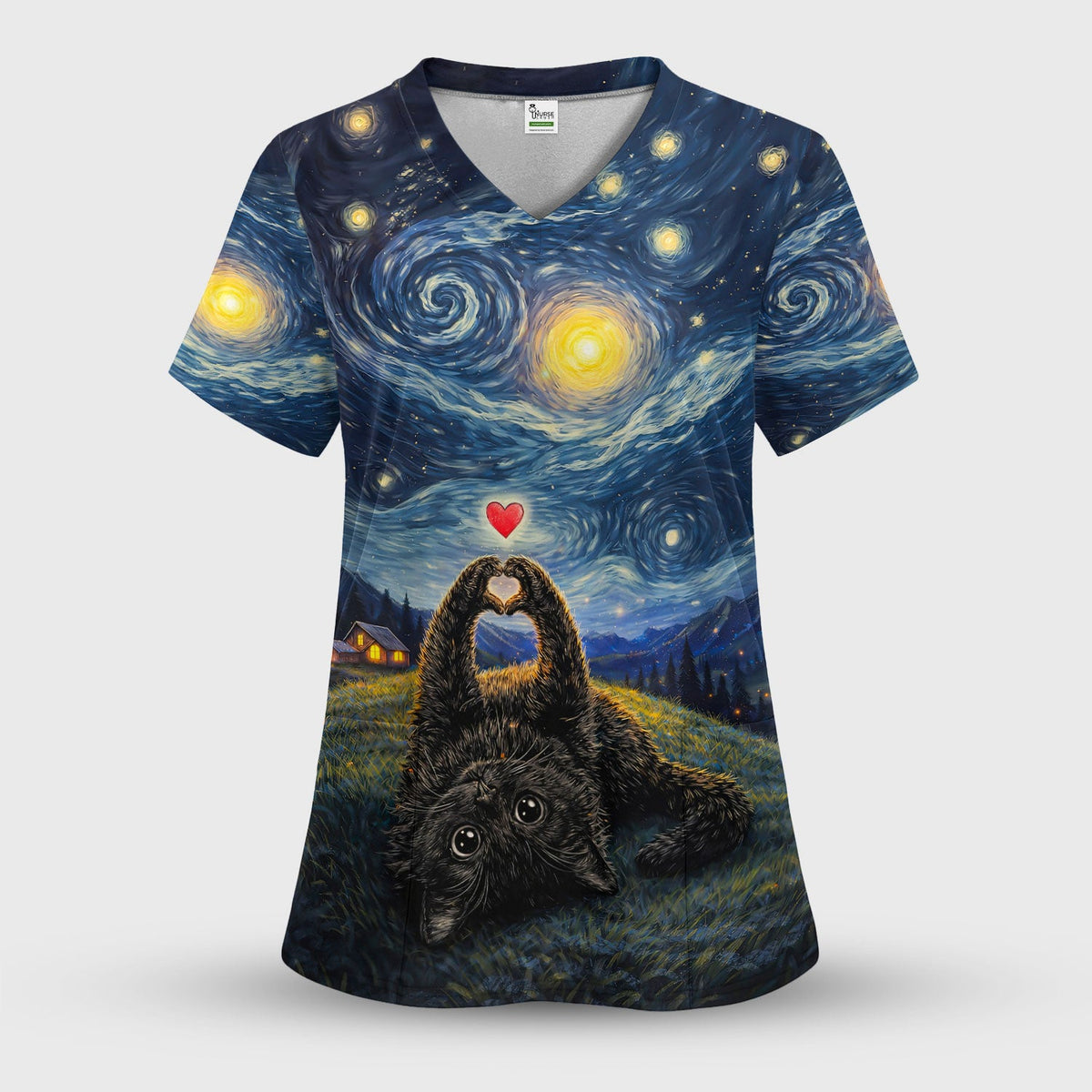 Starry Night Black Cat Heart Art Scrub Top, Breathable Fabrics Nursing Uniform