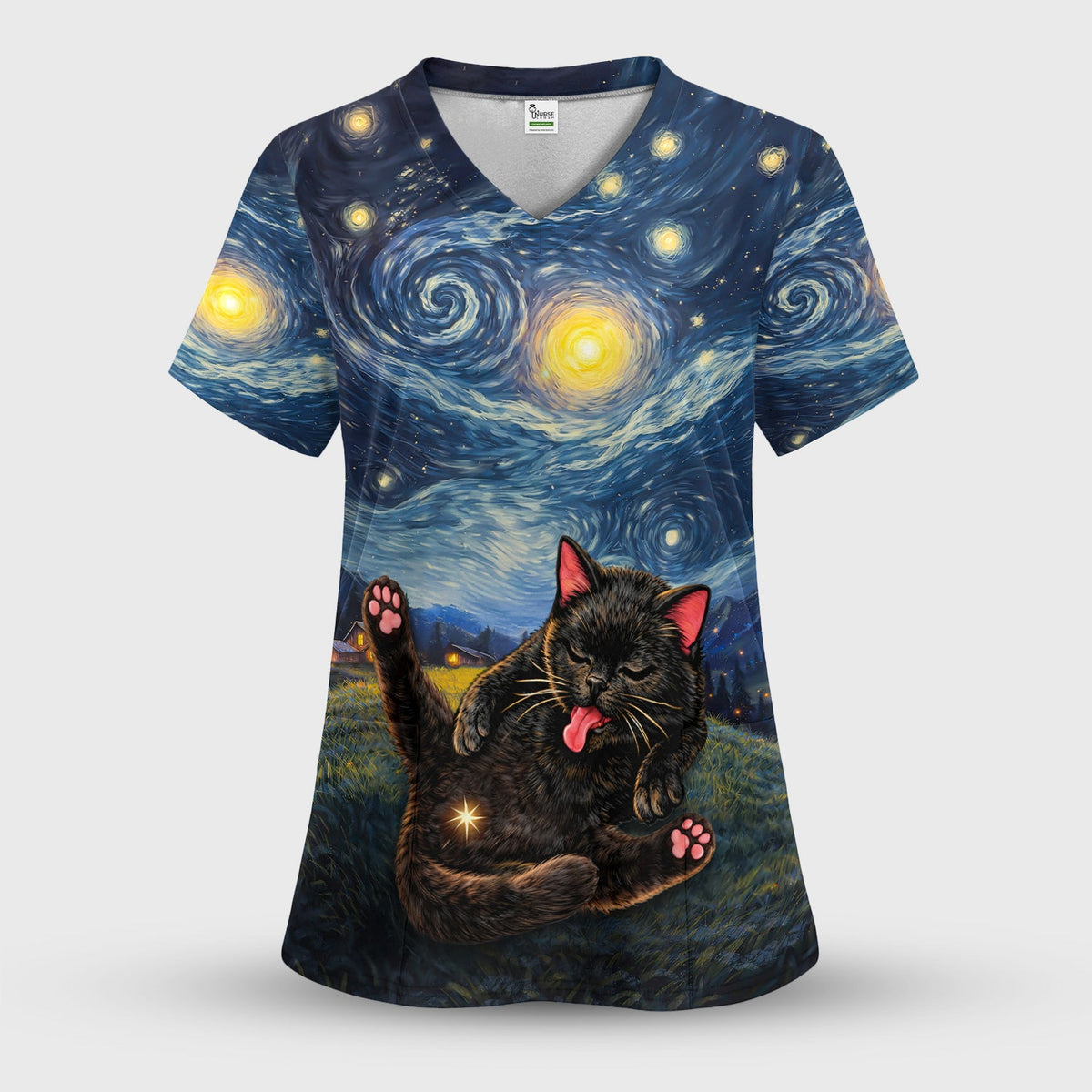 Black Cat Cosmic Night Sky Nurse Scrub Set