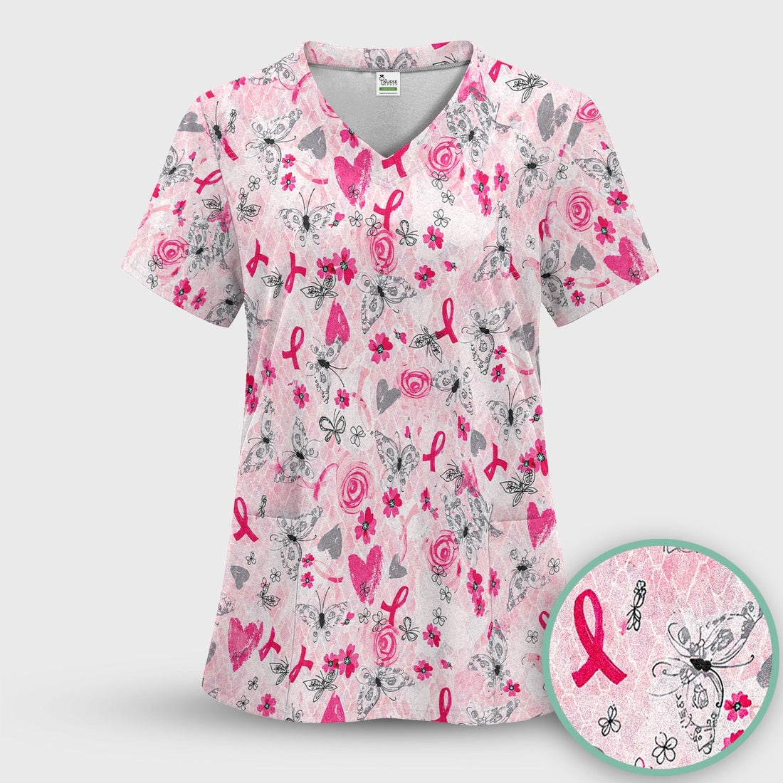 Breast Cancer Awareness Butterfly Floral Nurse Scrub Top